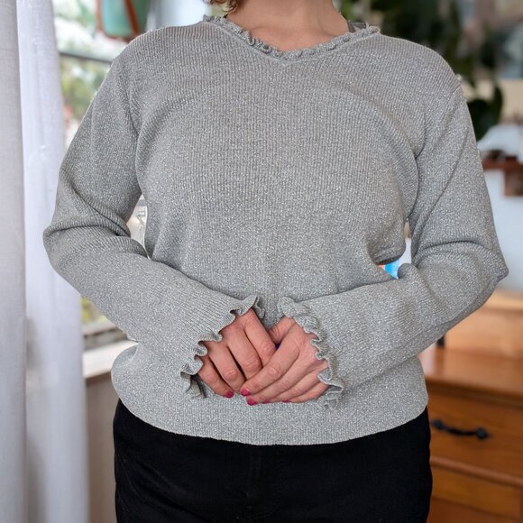Liz Claiborne - Vintage Y2K metallic ruffle hem ribbed sweater - Large - Picture 3 of 5